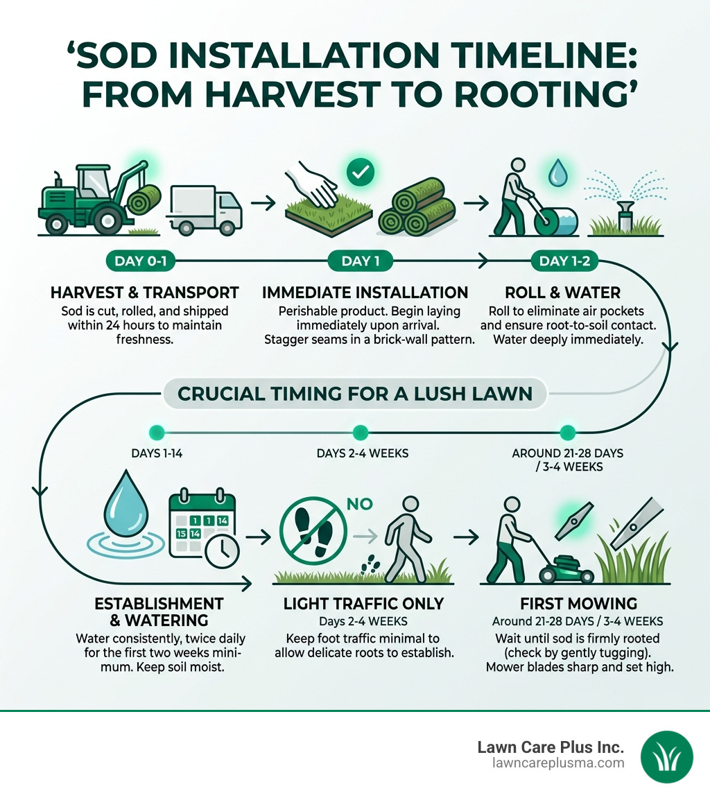 Sod installation timeline infographic from harvest to rooting showing key steps and days - best way to lay sod infographic 