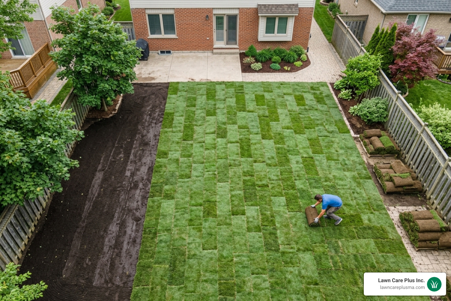 Overhead view of sod being laid in a staggered brick-wall pattern - best way to lay sod