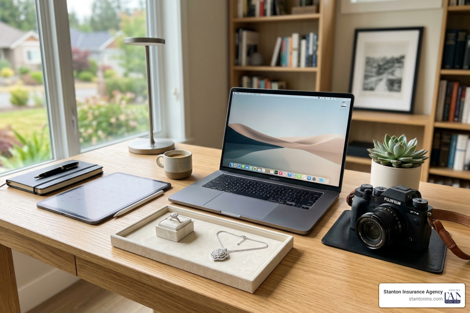 High-end electronics and jewelry on a desk representing scheduled property - Renters insurance policy cost High-end electronics and jewelry on a desk representing scheduled property - Renters insurance policy cost