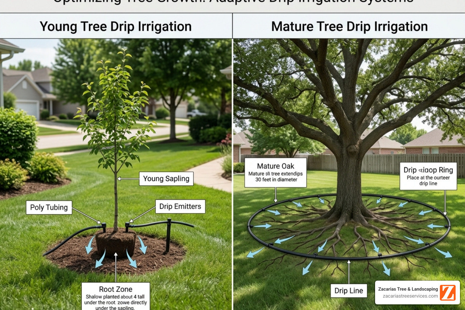 Graphic showing emitter placement for young vs mature trees; young trees have emitters near the root ball, mature trees have Graphic showing emitter placement for young vs mature trees; young trees have emitters near the root ball, mature trees have