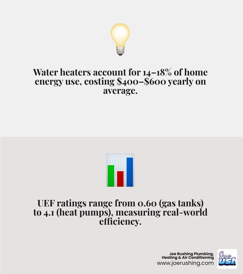 Infographic showing water heater types, UEF ratings, and percentage of home energy use for each - water heater efficiency Infographic showing water heater types, UEF ratings, and percentage of home energy use for each - water heater efficiency