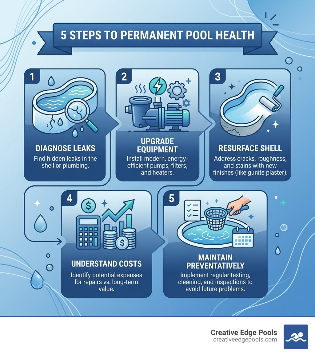 5 steps to permanent pool health: diagnose leaks, upgrade equipment, resurface shell, understand costs, maintain 5 steps to permanent pool health: diagnose leaks, upgrade equipment, resurface shell, understand costs, maintain
