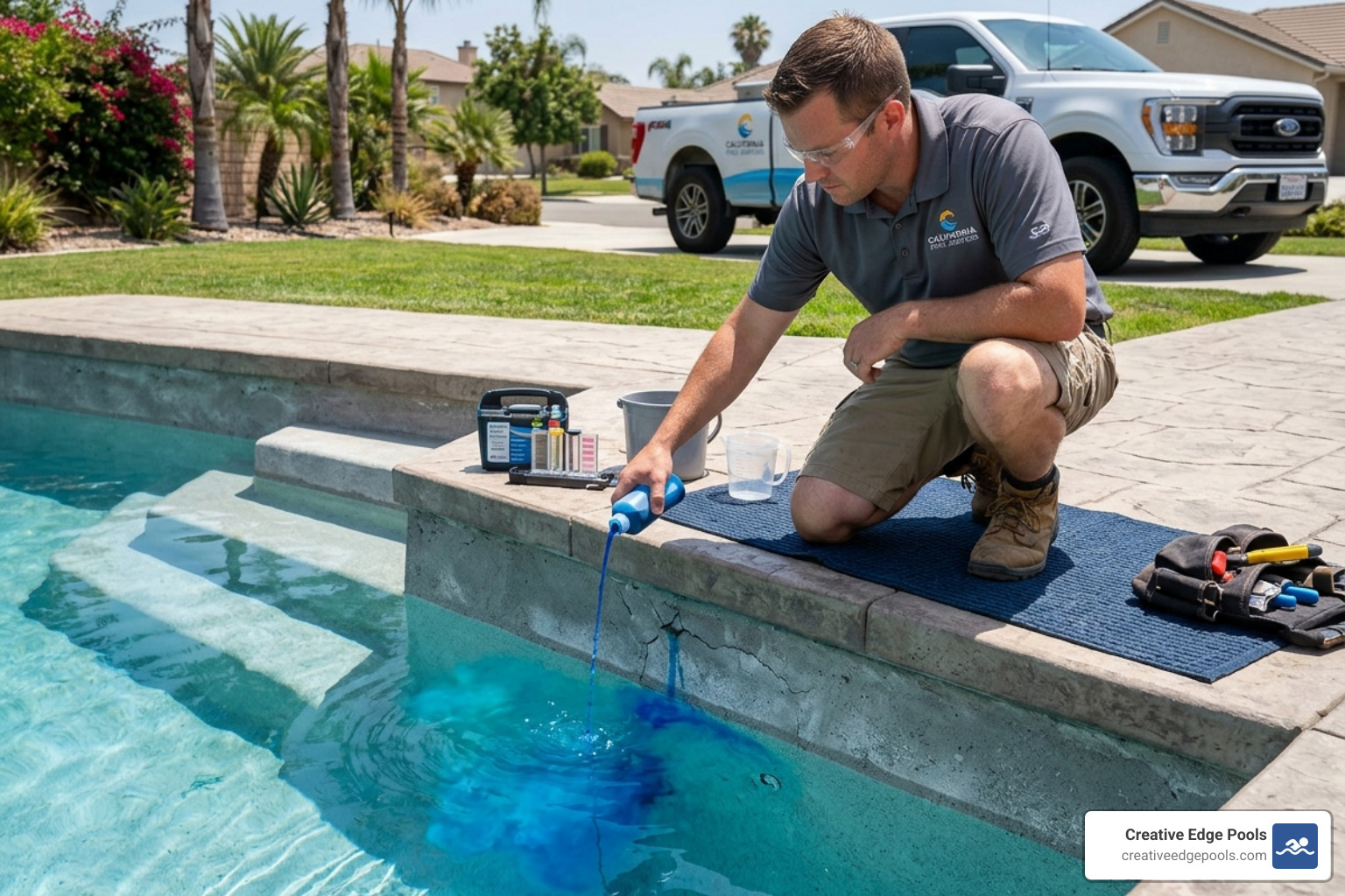 technician performing a pool dye test on a gunite shell - pool repair technician performing a pool dye test on a gunite shell - pool repair