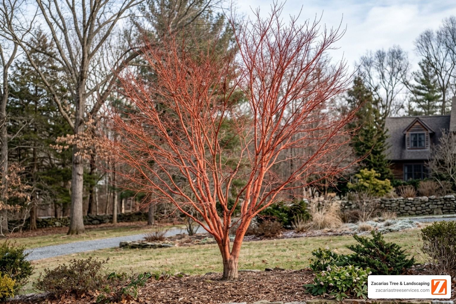Mature 25-foot Acer sango kaku specimen showing upright vase shape - acer sango kaku