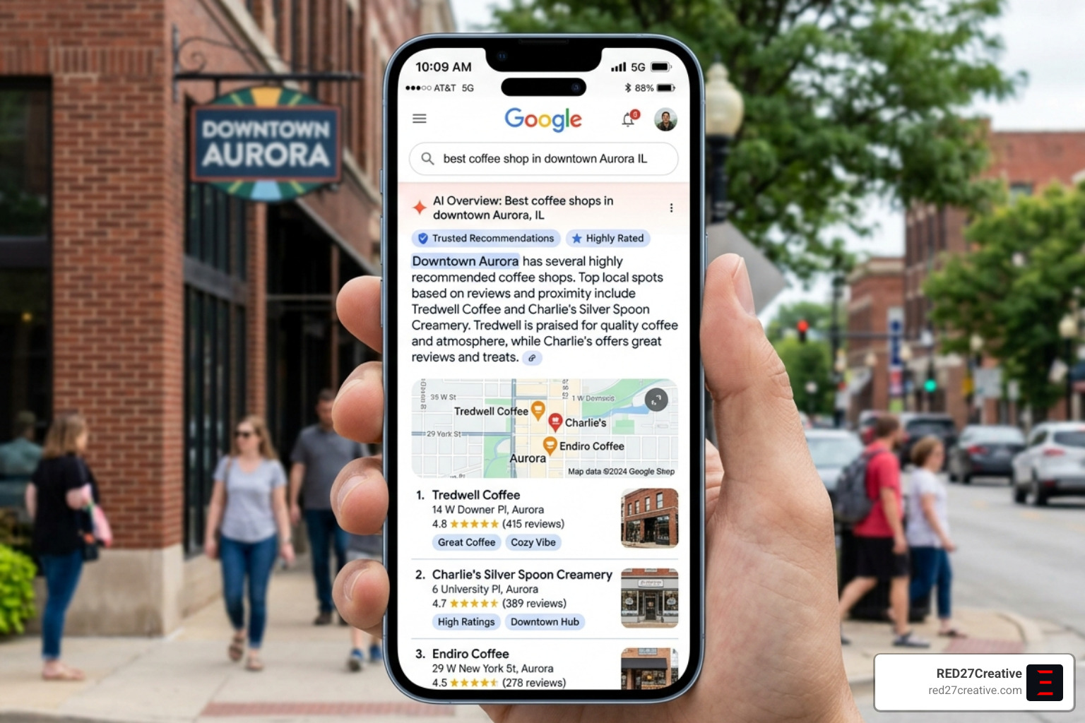 AI search interface demonstrating how local Aurora businesses are recommended by AI models based on trust and relevance AI search interface demonstrating how local Aurora businesses are recommended by AI models based on trust and relevance