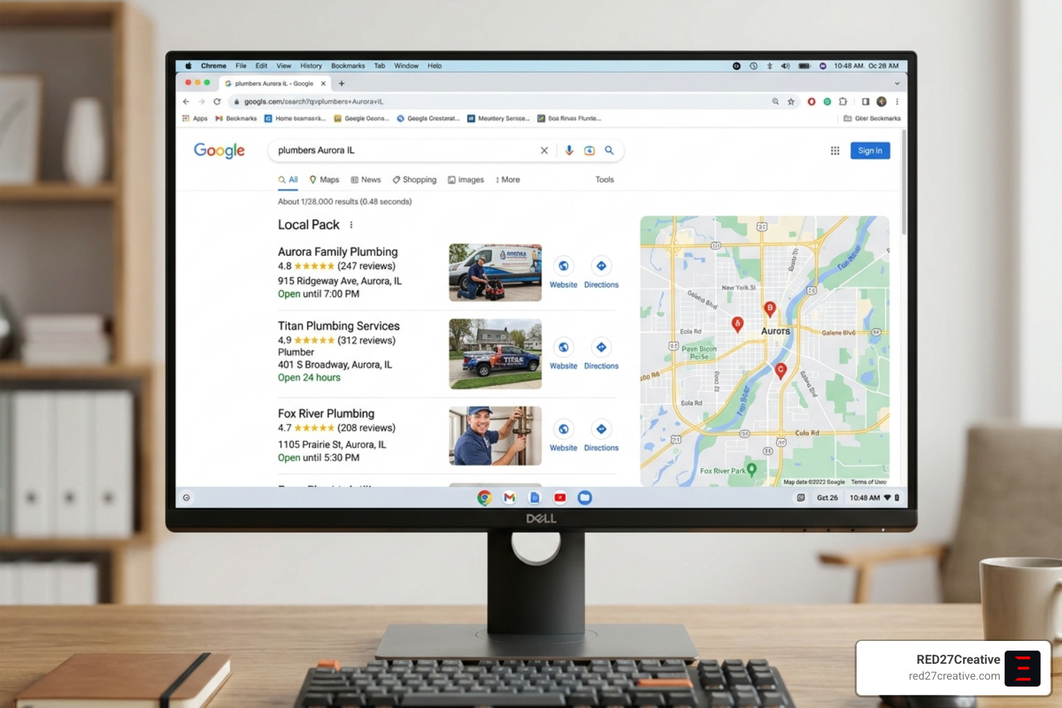Google Map Pack results showing top-ranked Aurora businesses with high review counts and optimized profiles - Local SEO Google Map Pack results showing top-ranked Aurora businesses with high review counts and optimized profiles - Local SEO