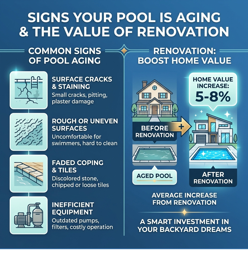 Infographic showing signs of pool aging and 5-8% home value increase from pool renovation - old pool renovation infographic Infographic showing signs of pool aging and 5-8% home value increase from pool renovation - old pool renovation infographic