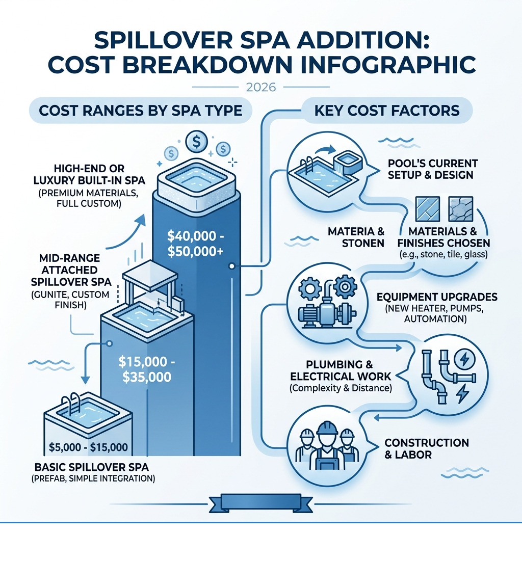 Spillover spa addition cost breakdown infographic with cost ranges by type and key cost factors - adding a spillover spa to Spillover spa addition cost breakdown infographic with cost ranges by type and key cost factors - adding a spillover spa to