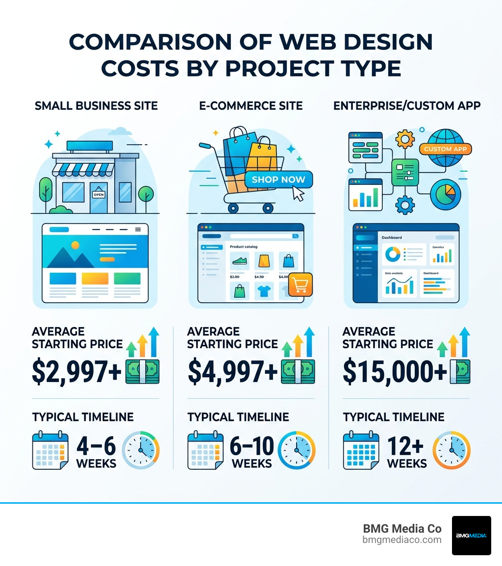 Comparison of web design costs by project type - ann arbor website design infographic 