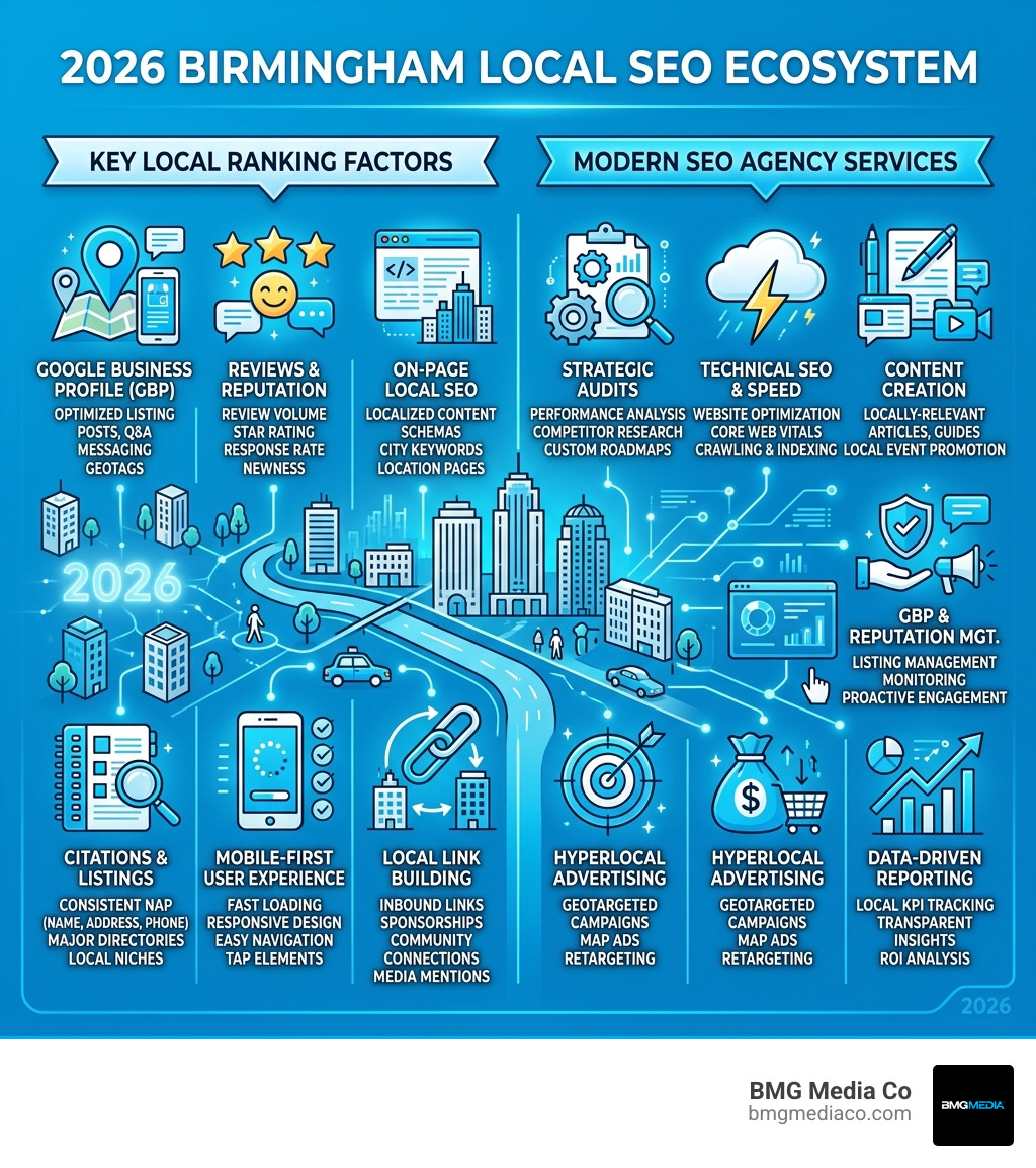 2026 local SEO ecosystem in Birmingham Michigan showing ranking factors and agency services - SEO agency Birmingham Michigan