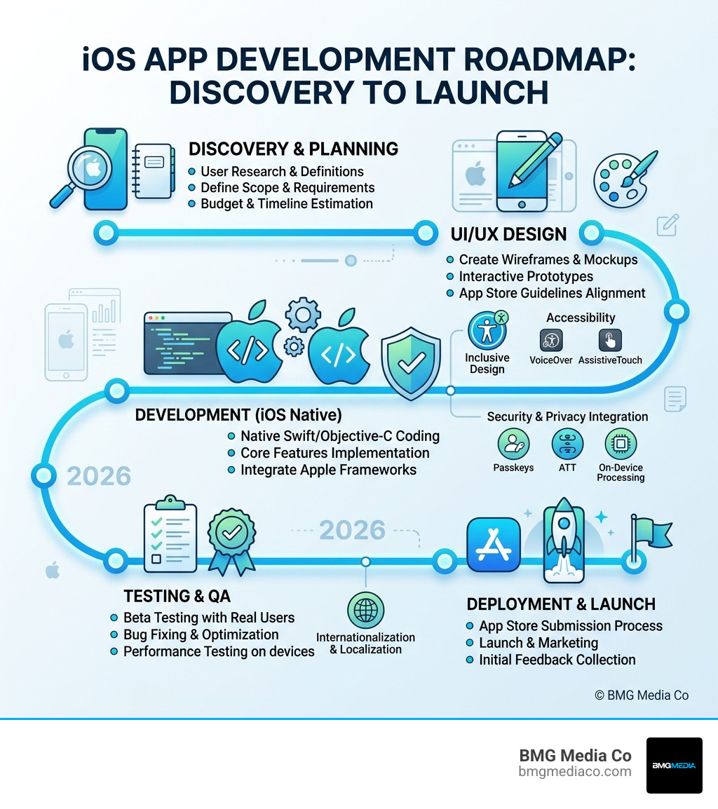 Project roadmap infographic showing phases from discovery to launch - ios native app development infographic 