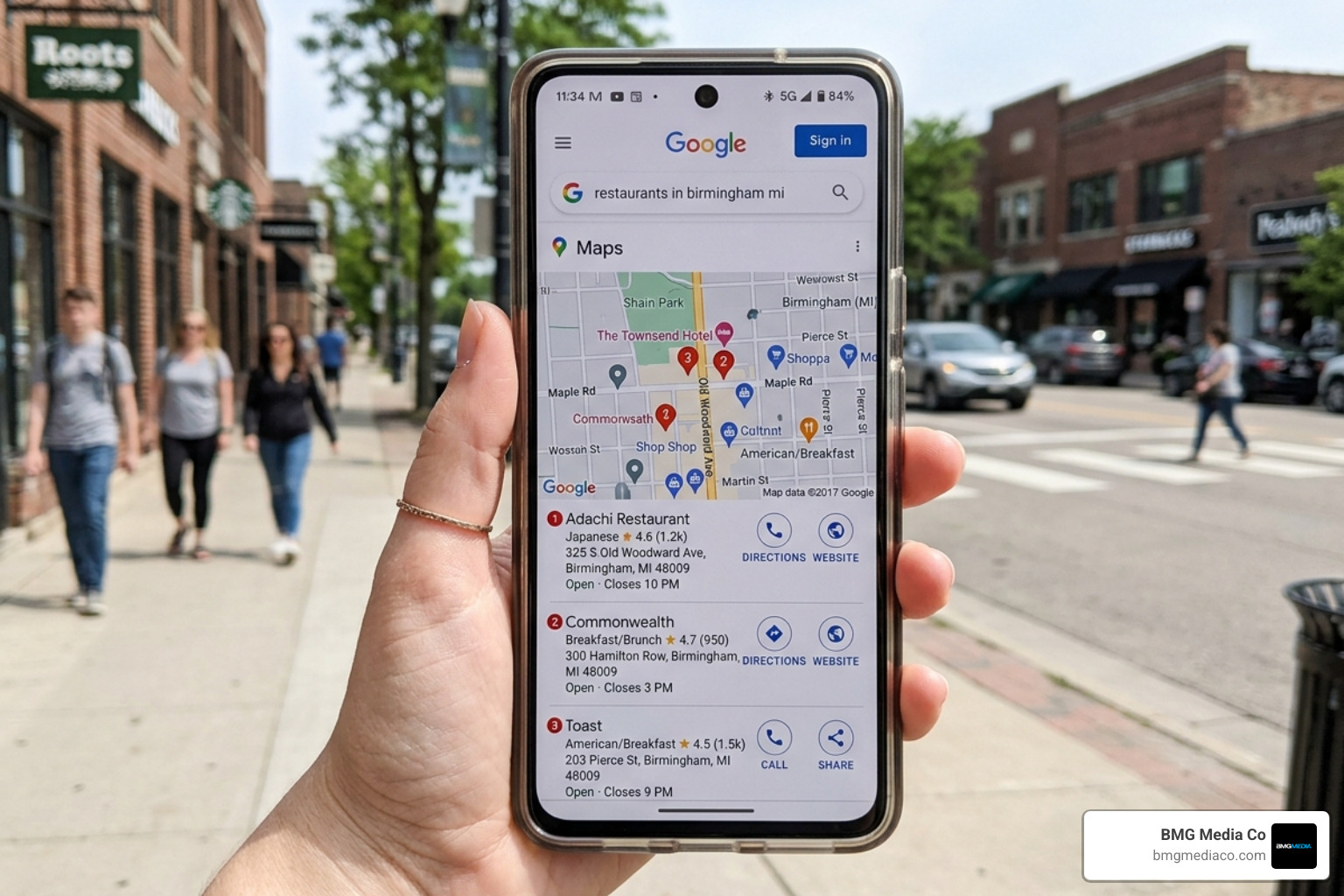 Google Maps results showing the local map pack for Birmingham Michigan businesses - SEO agency Birmingham Michigan