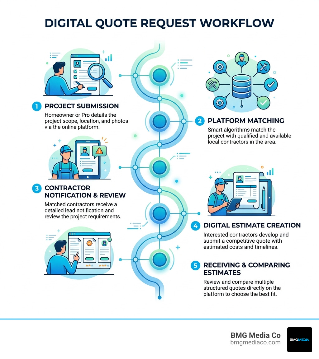 Digital quote request workflow infographic showing steps from project submission to receiving contractor estimates - quote