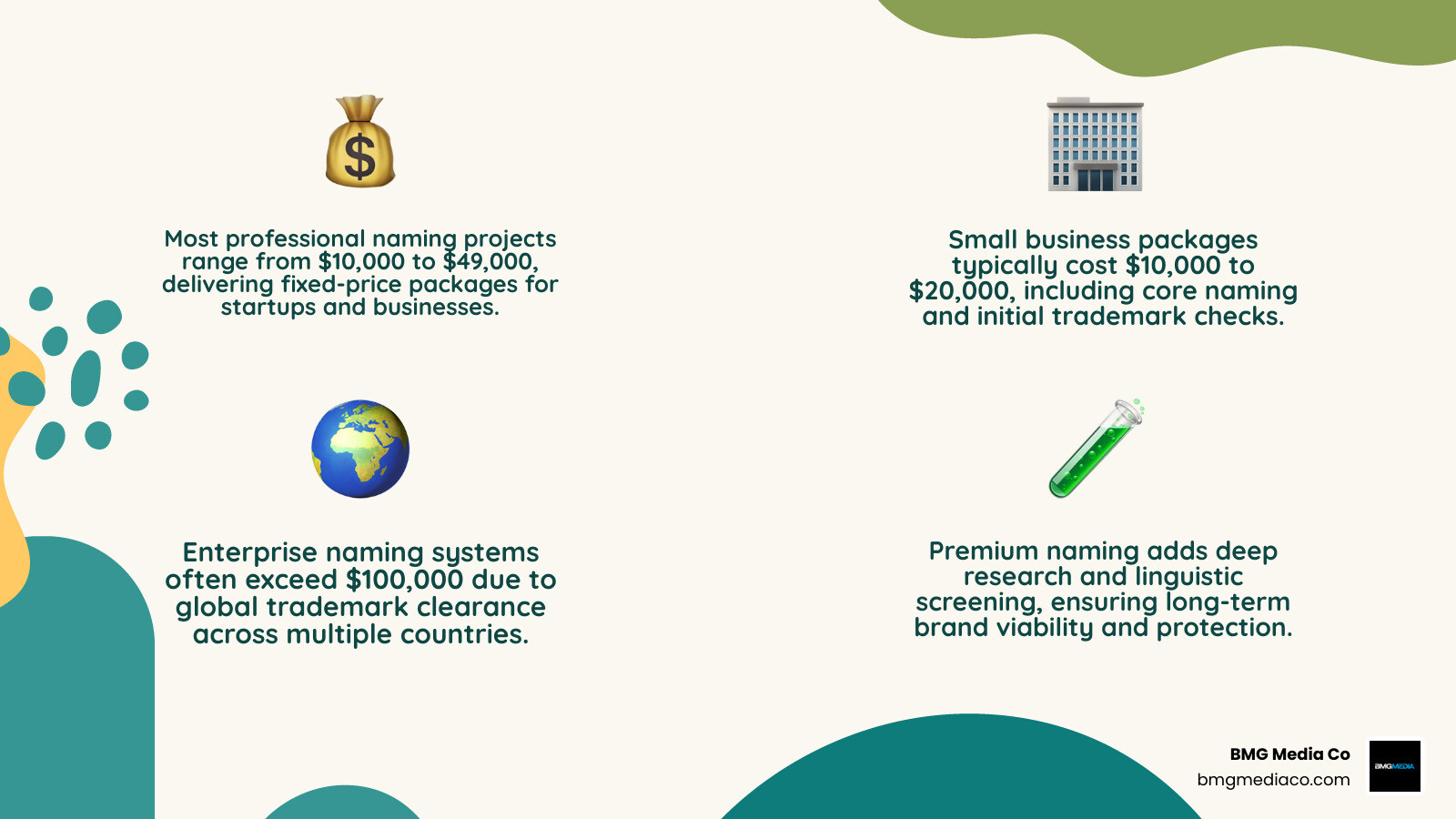 Average project costs for naming: 10k to 50k for most top agencies - company naming consultants infographic