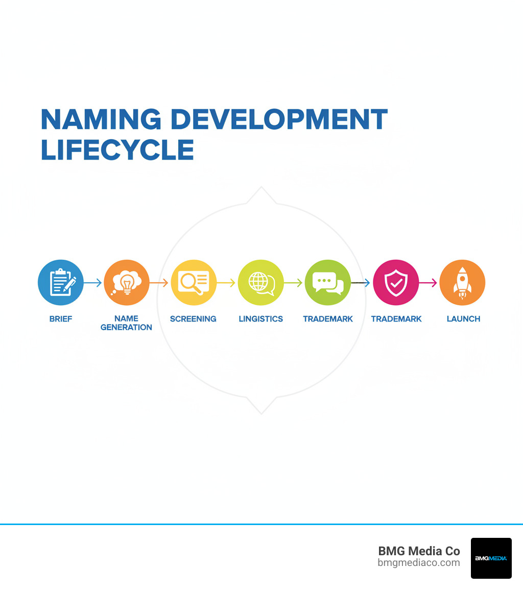 Professional naming development lifecycle: brief, name generation, screening, linguistics, trademark, validation, launch