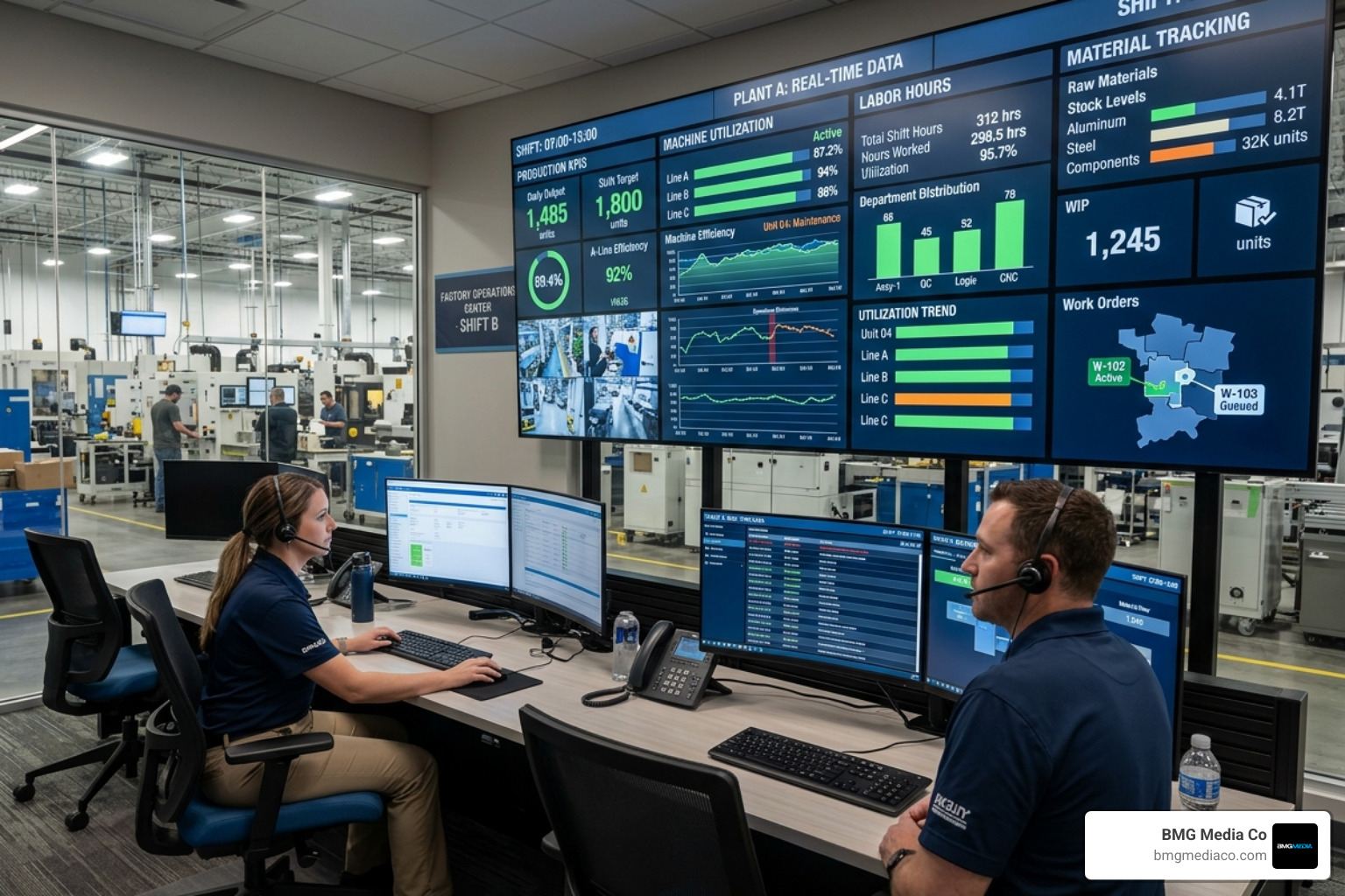 Digital dashboard showing real-time factory metrics and production KPIs - custom manufacturing software