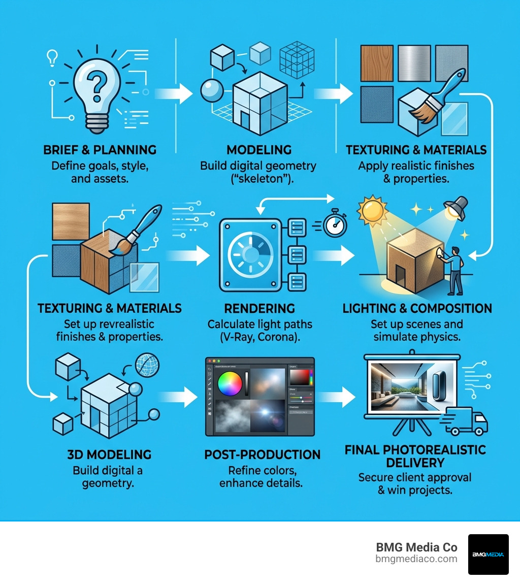 Infographic showing the 3D rendering workflow from brief to final photorealistic image delivery - 3d rendering services Infographic showing the 3D rendering workflow from brief to final photorealistic image delivery - 3d rendering services