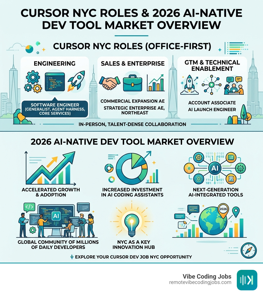 Cursor NYC roles and 2026 AI-native developer tool market overview infographic - cursor dev job nyc infographic 