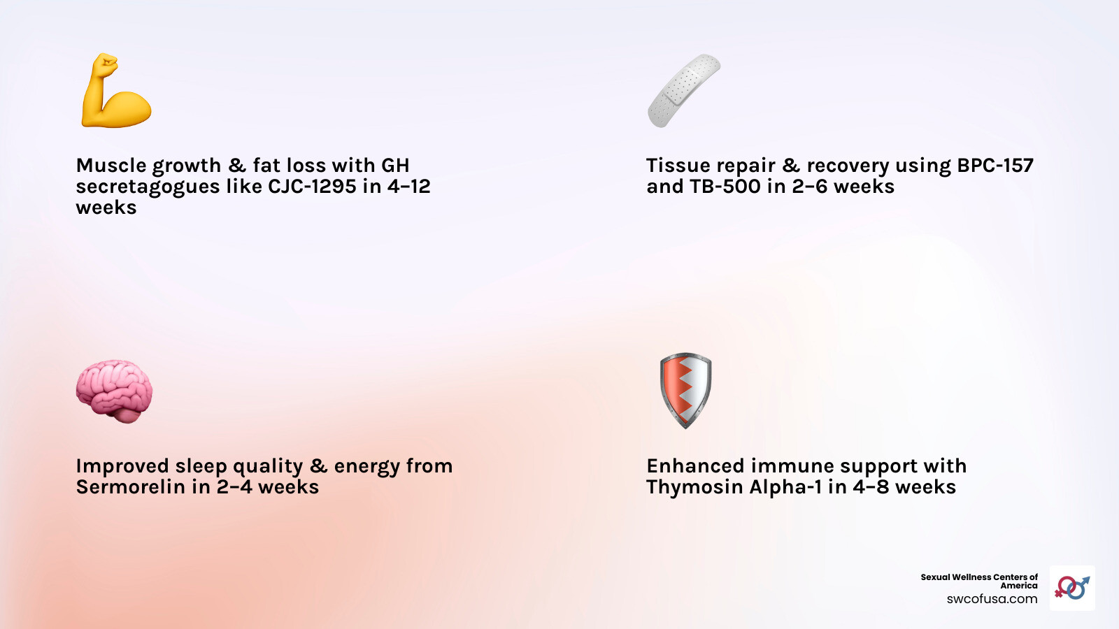 Infographic showing peptide injections benefits across 7 health categories with timelines - peptide injections benefits Infographic showing peptide injections benefits across 7 health categories with timelines - peptide injections benefits