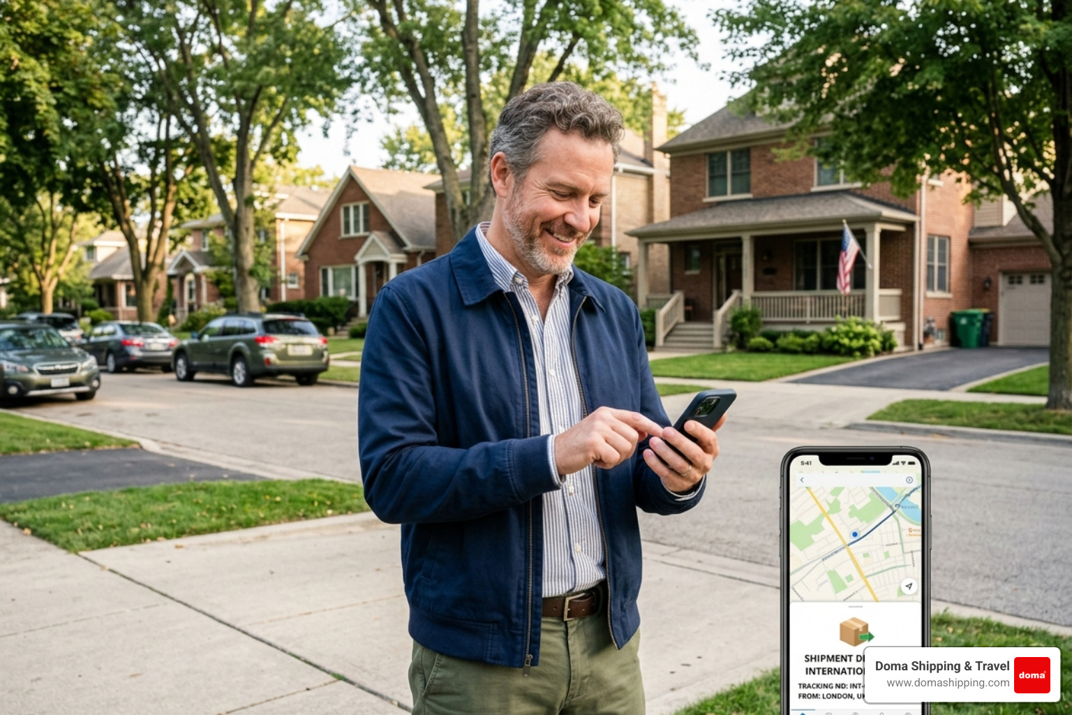 A customer in a Chicago neighborhood using a mobile device to track their international gift shipment in real-time A customer in a Chicago neighborhood using a mobile device to track their international gift shipment in real-time