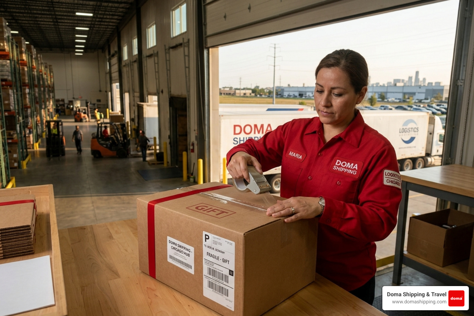 A high-quality gift package being meticulously prepared by a worker in a red Doma Shipping uniform for transit to Europe A high-quality gift package being meticulously prepared by a worker in a red Doma Shipping uniform for transit to Europe