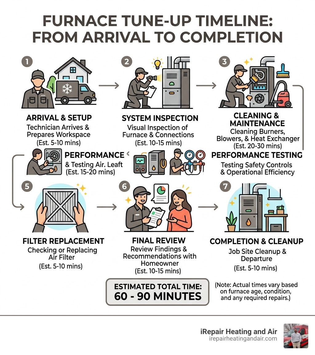 Furnace tune-up timeline infographic showing steps and estimated durations from arrival to completion - how long does a