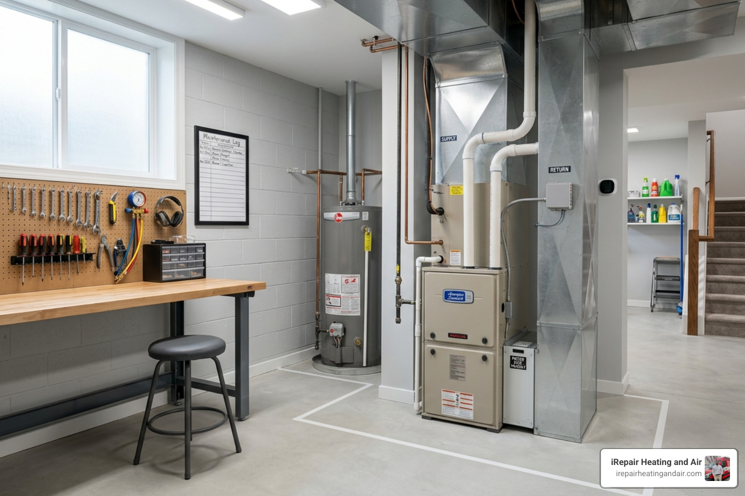 Clear workspace around a basement furnace - how long does a furnace tune up take