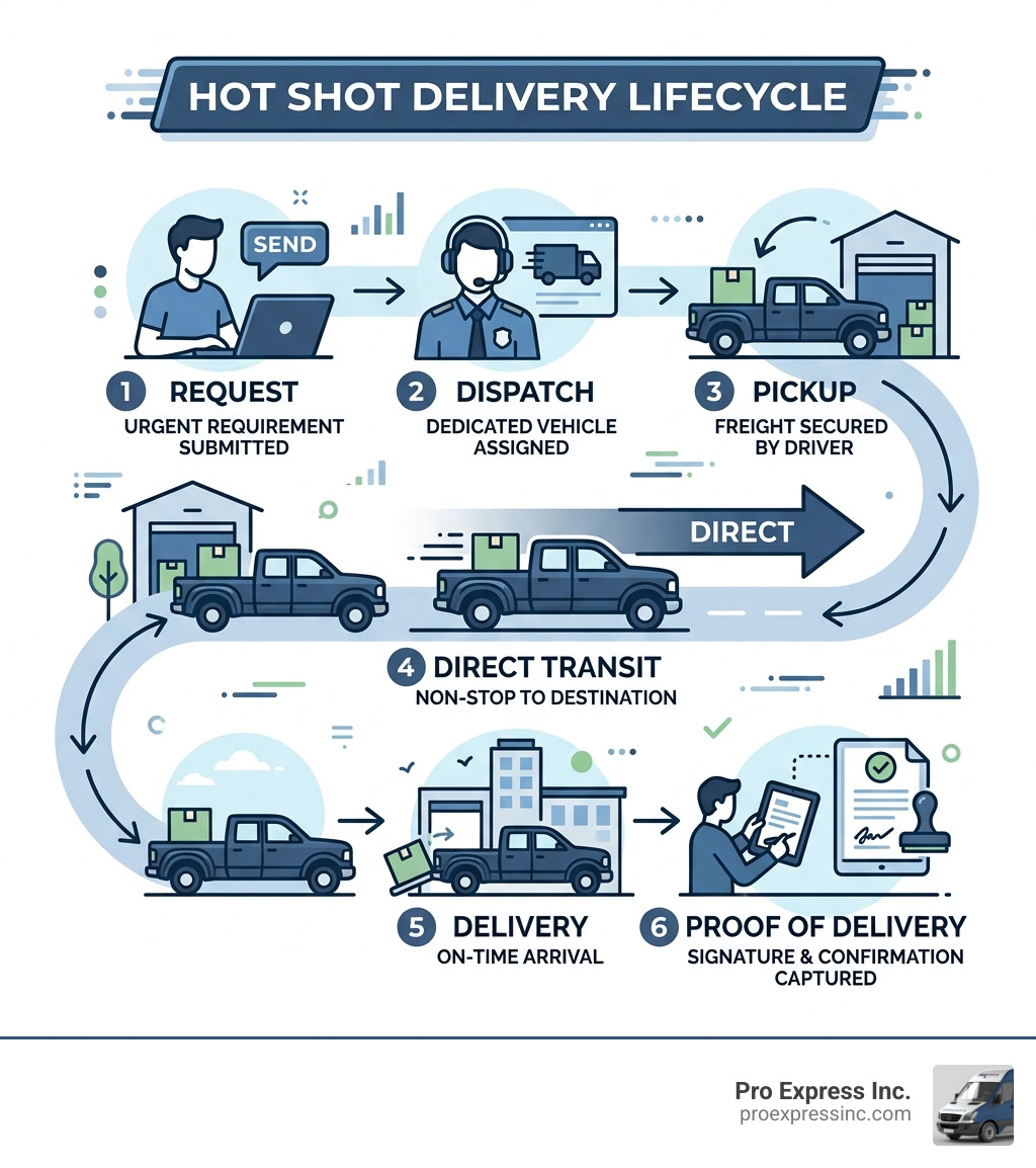 Hot shot delivery lifecycle infographic: request, dispatch, pickup, direct transit, delivery, proof of delivery - what is a Hot shot delivery lifecycle infographic: request, dispatch, pickup, direct transit, delivery, proof of delivery - what is a
