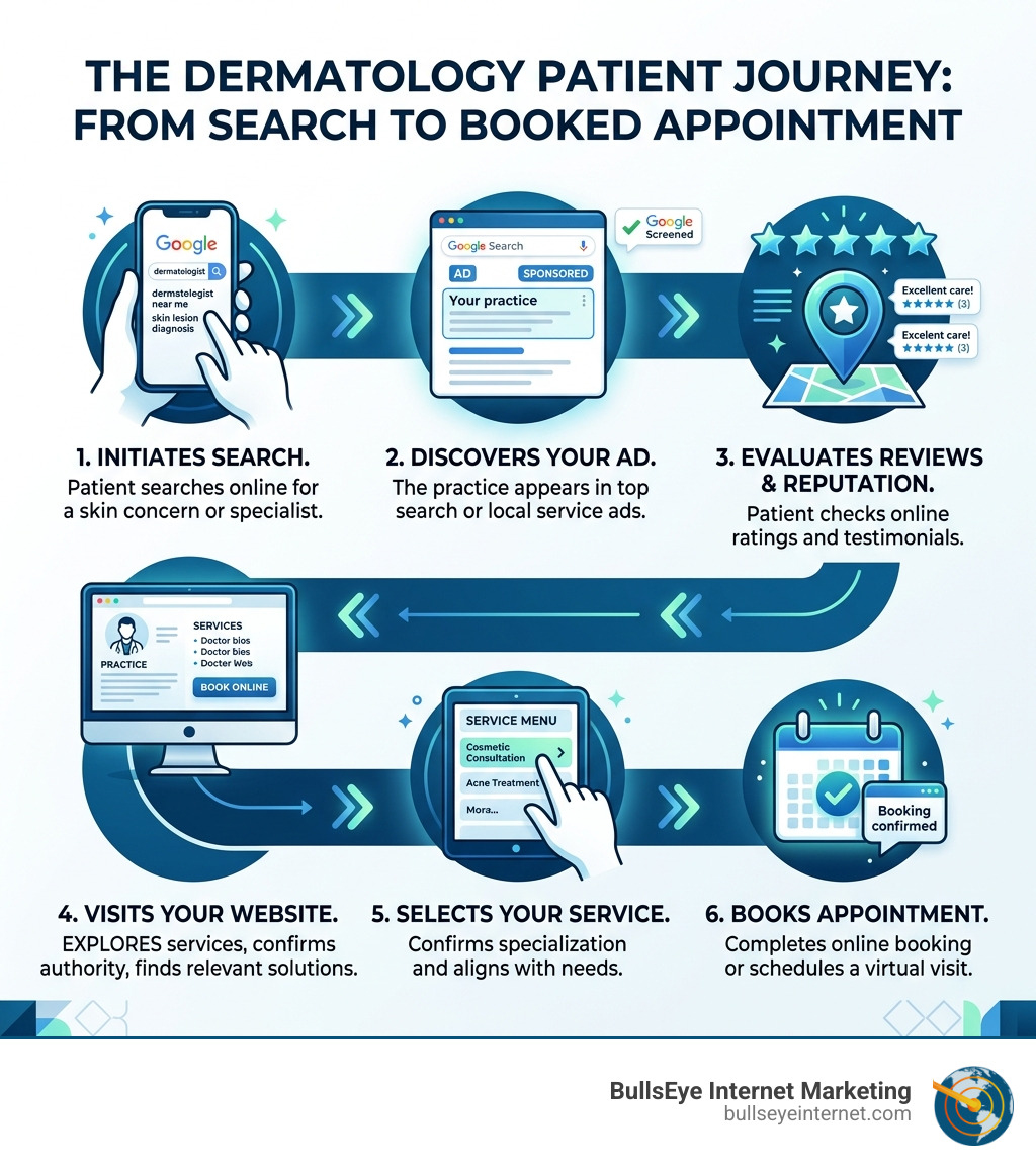 Dermatology patient journey from Google search to booked appointment infographic - advertising for dermatologists Infographic illustrating the dermatology patient journey, detailing steps from online search to booking an appointment, highlighting patient interactions with Google search, ad discovery, review evaluation, website exploration, service selection, and appointment confirmation, branded by BullsEye Internet Marketing.
