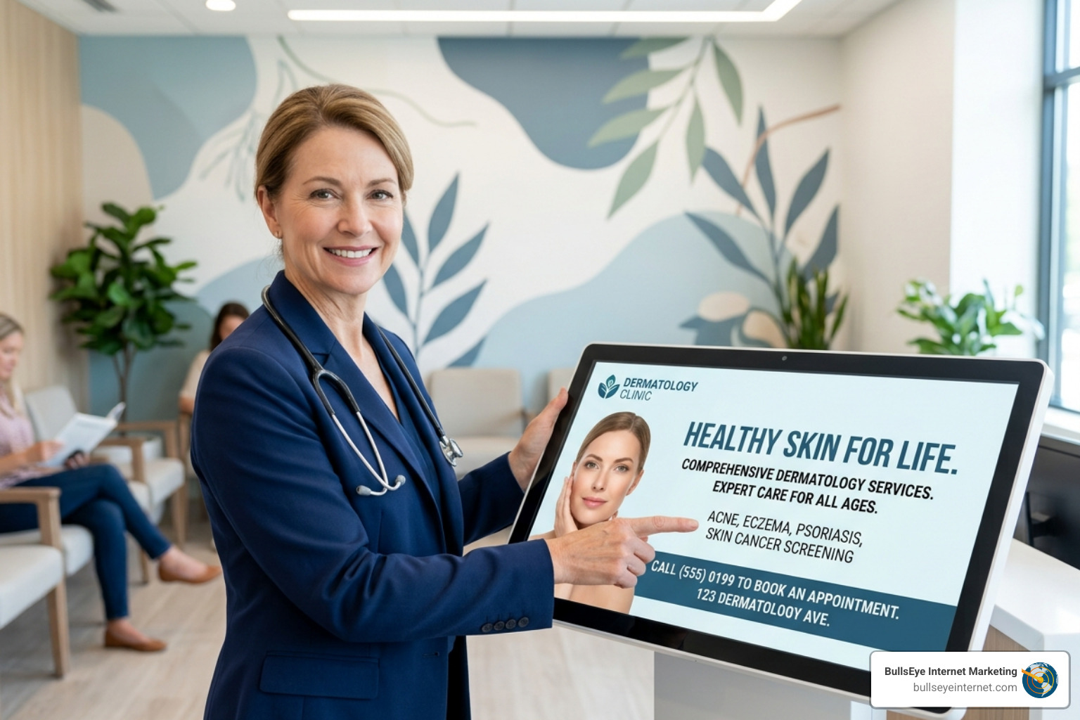 Comparison of Google Search results for medical derm vs Instagram cosmetic ad - advertising for dermatologists Female dermatologist in a blue coat smiling and pointing at a tablet displaying dermatology services, with a modern clinic background featuring plants and a promotional message for skin health and appointment booking.