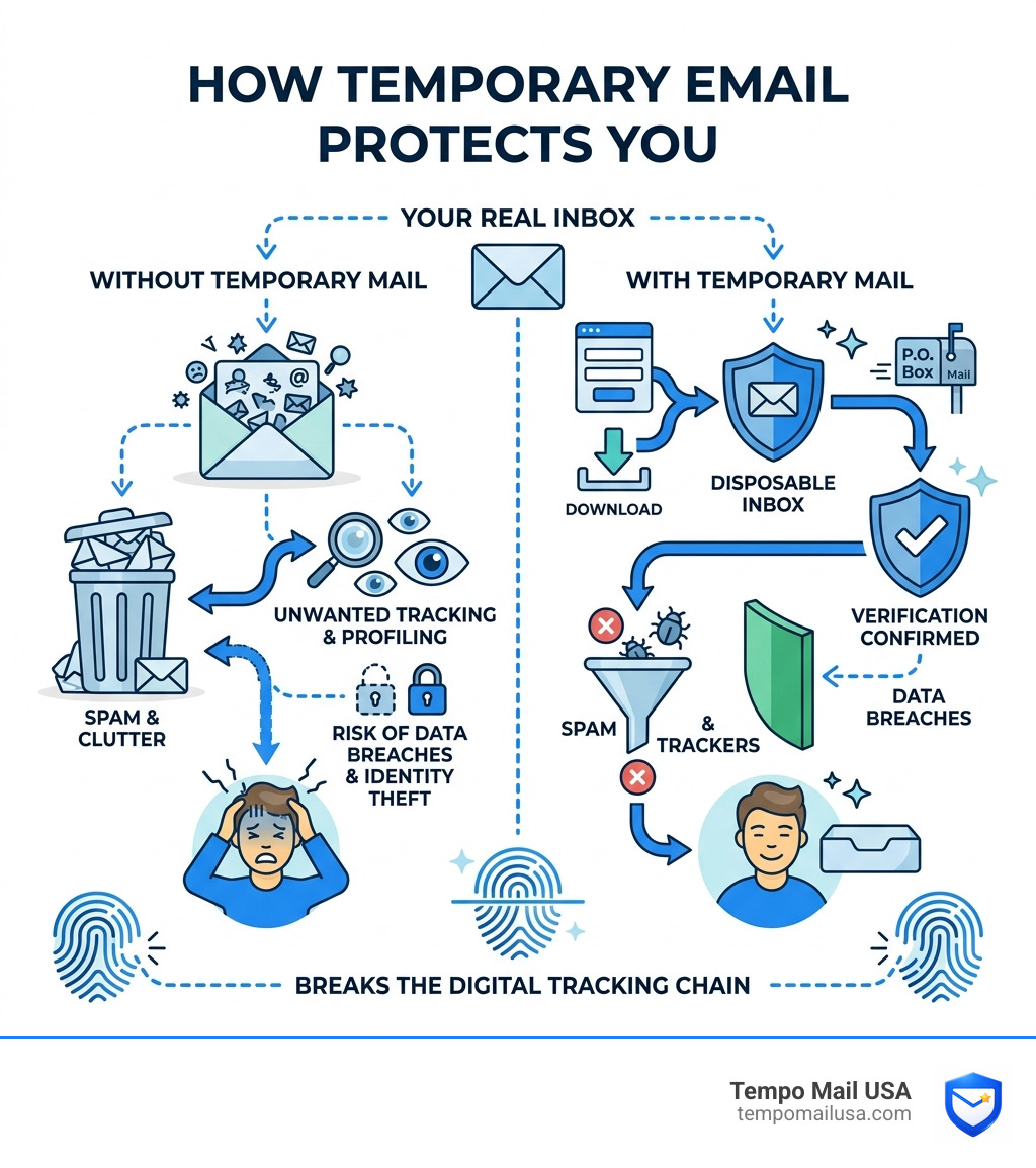 How temporary email protects your inbox from spam, tracking, and data breaches - use temporary email infographic How temporary email protects your inbox from spam, tracking, and data breaches - use temporary email infographic