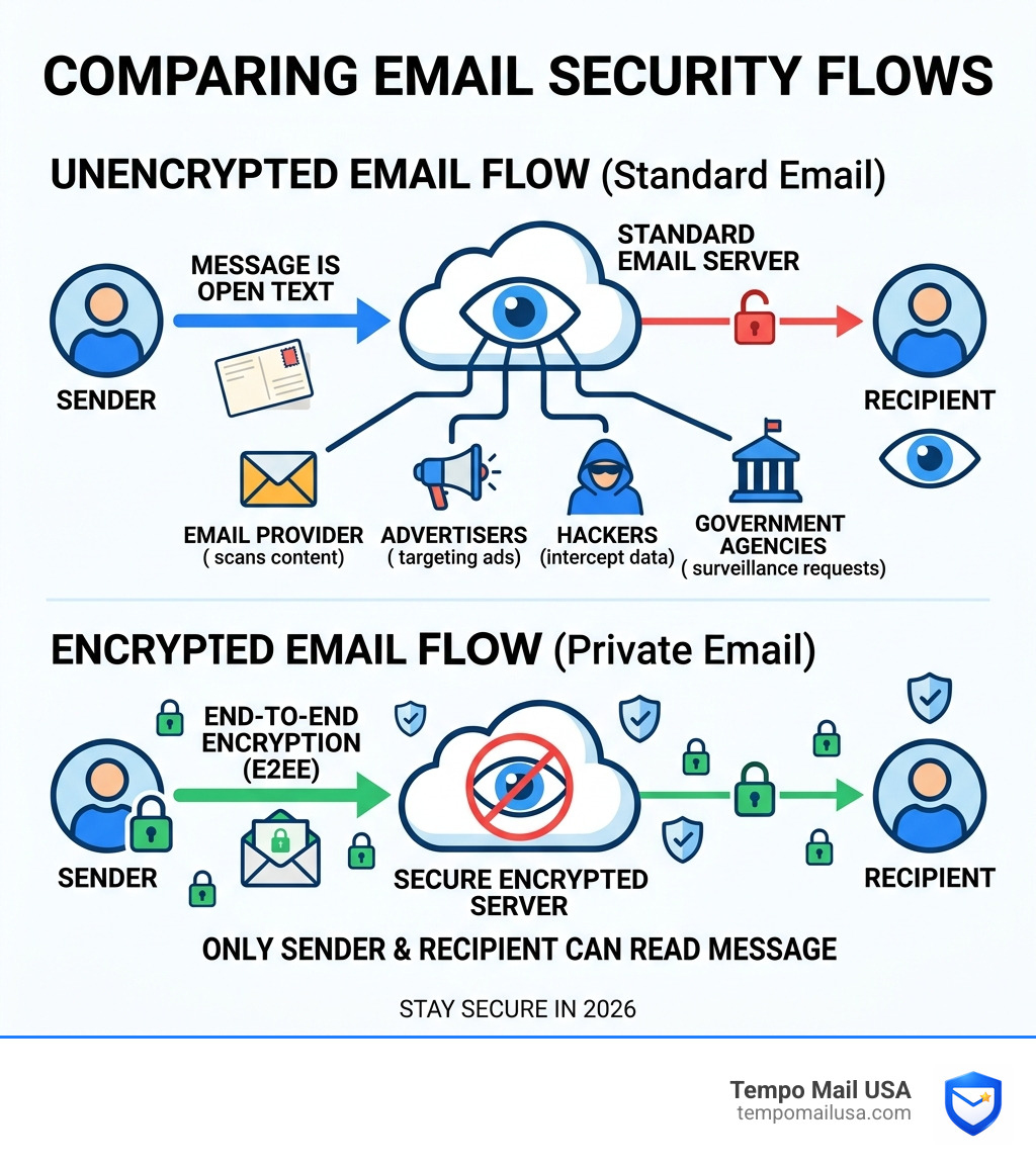 Comparison of encrypted vs unencrypted email flow showing who can access your messages - encrypted mail services infographic 