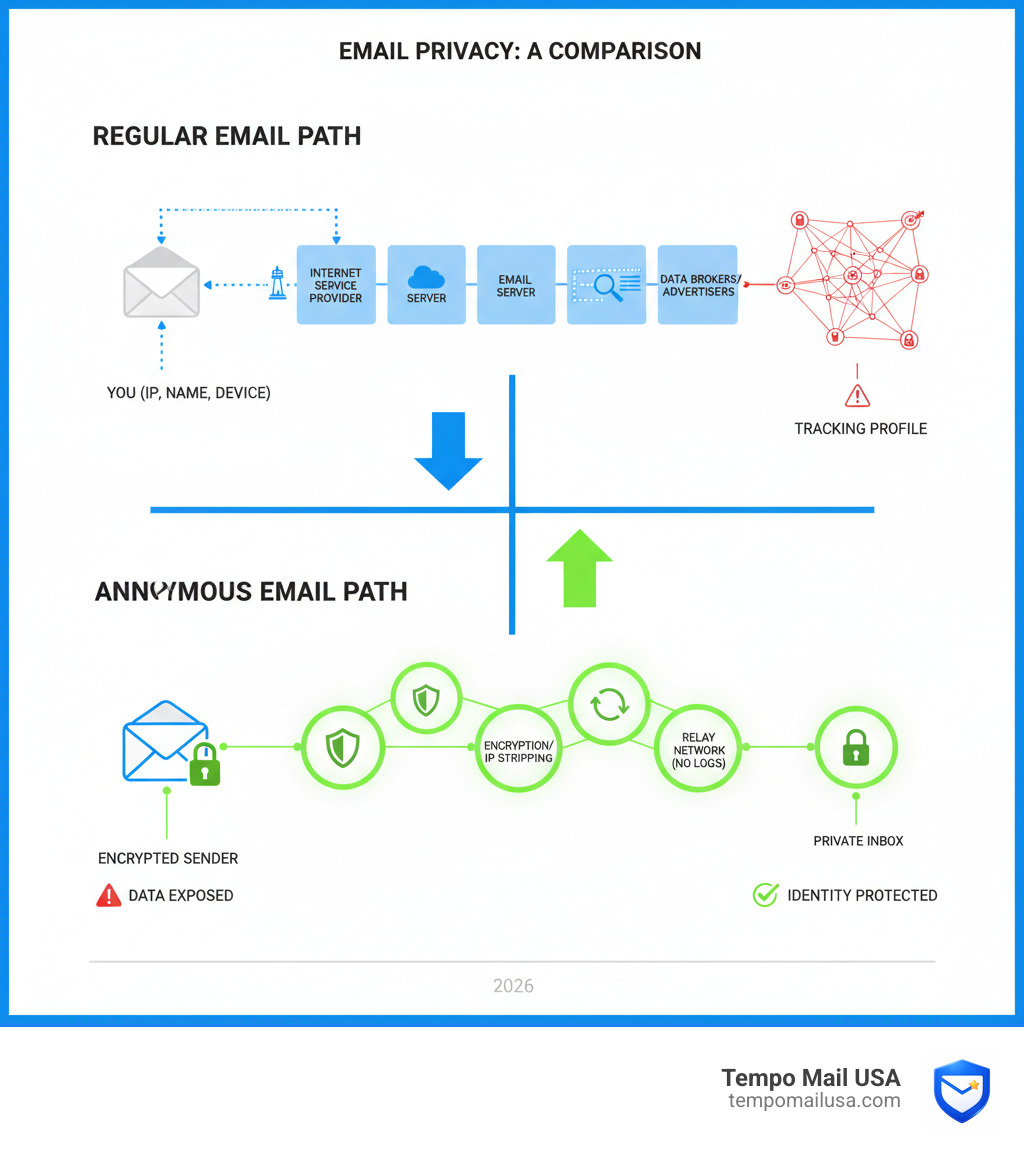 Infographic comparing the path of an anonymous email vs. a regular email through the internet - secure anonymous email Infographic comparing the path of an anonymous email vs. a regular email through the internet - secure anonymous email