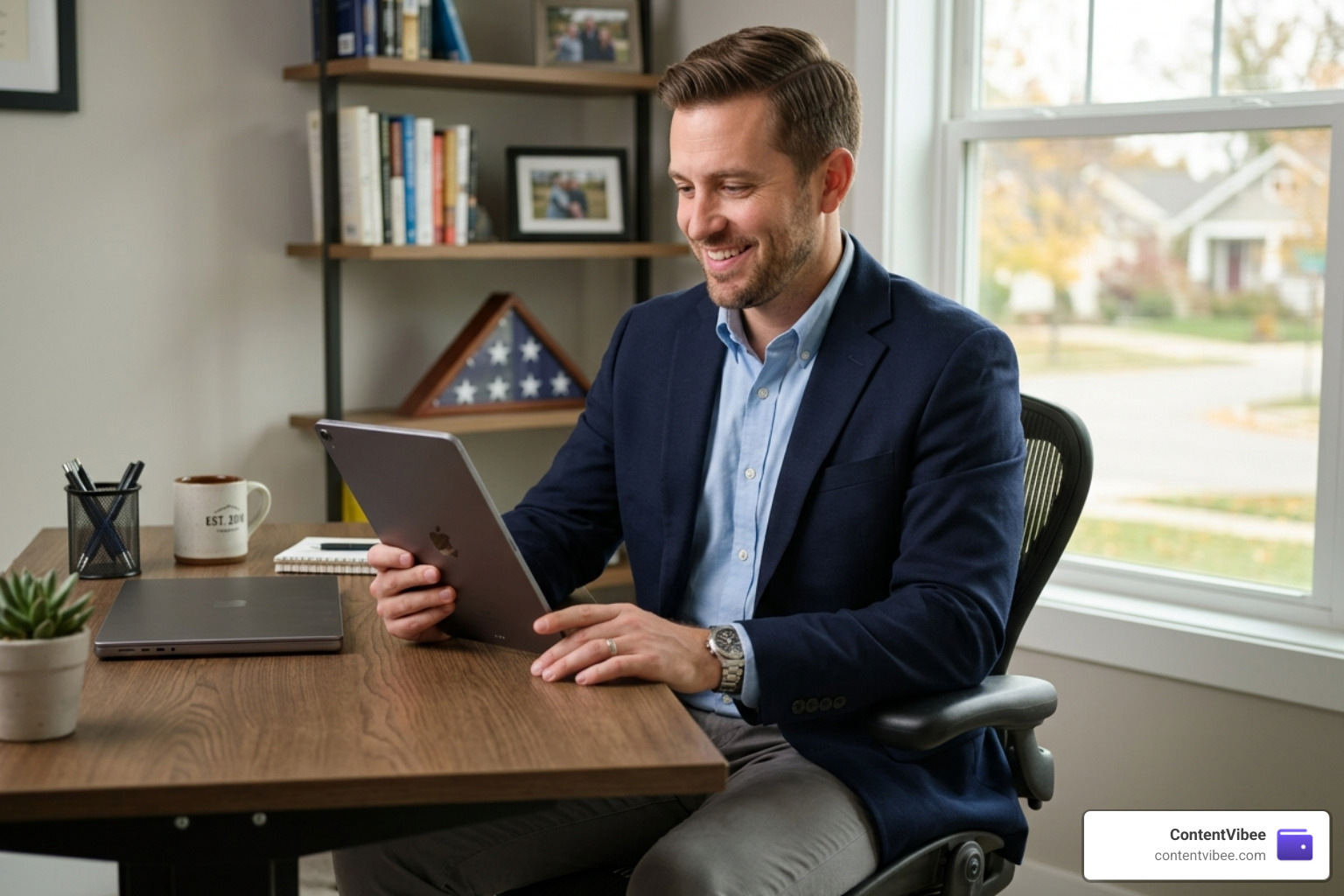 A professional man in his 30s reviewing his digital insurance policy on a tablet - ethos life insurance reviews