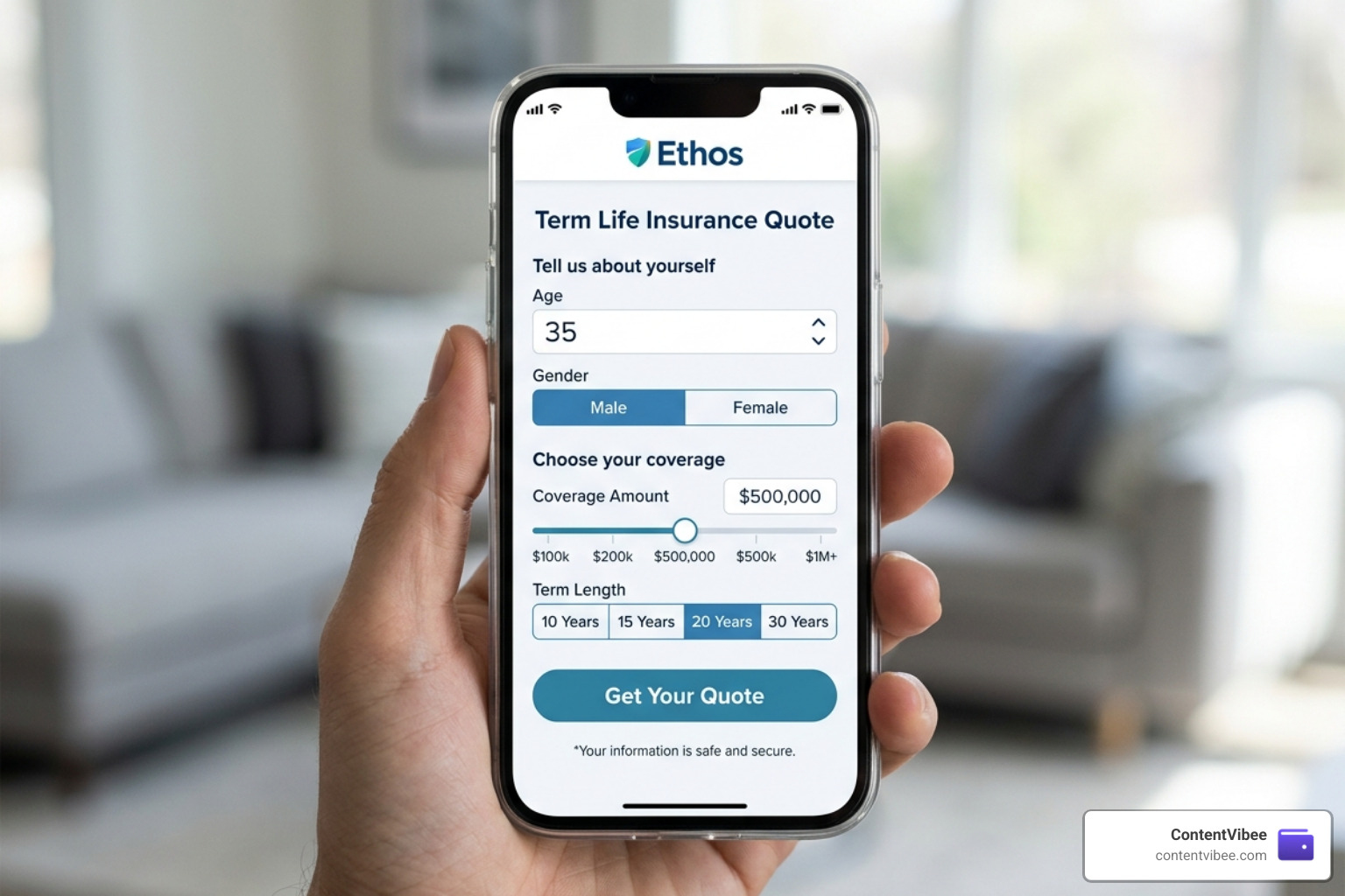 Ethos mobile application interface showing a quick quote screen - ethos life insurance reviews