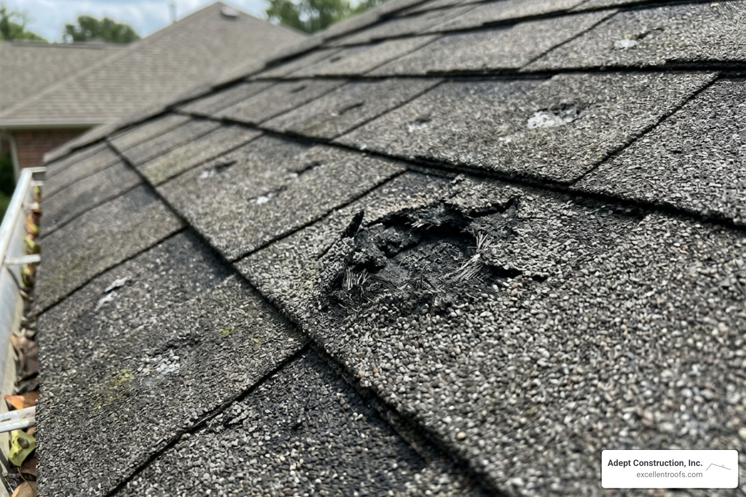 close up of hail damage on asphalt shingles showing granule loss - roofing repair cost