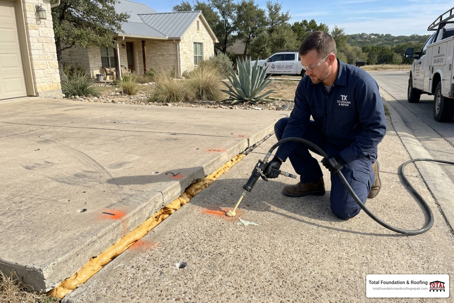 Polyurethane foam injection process lifting a concrete slab with precision - Kerrville concrete lifting cost