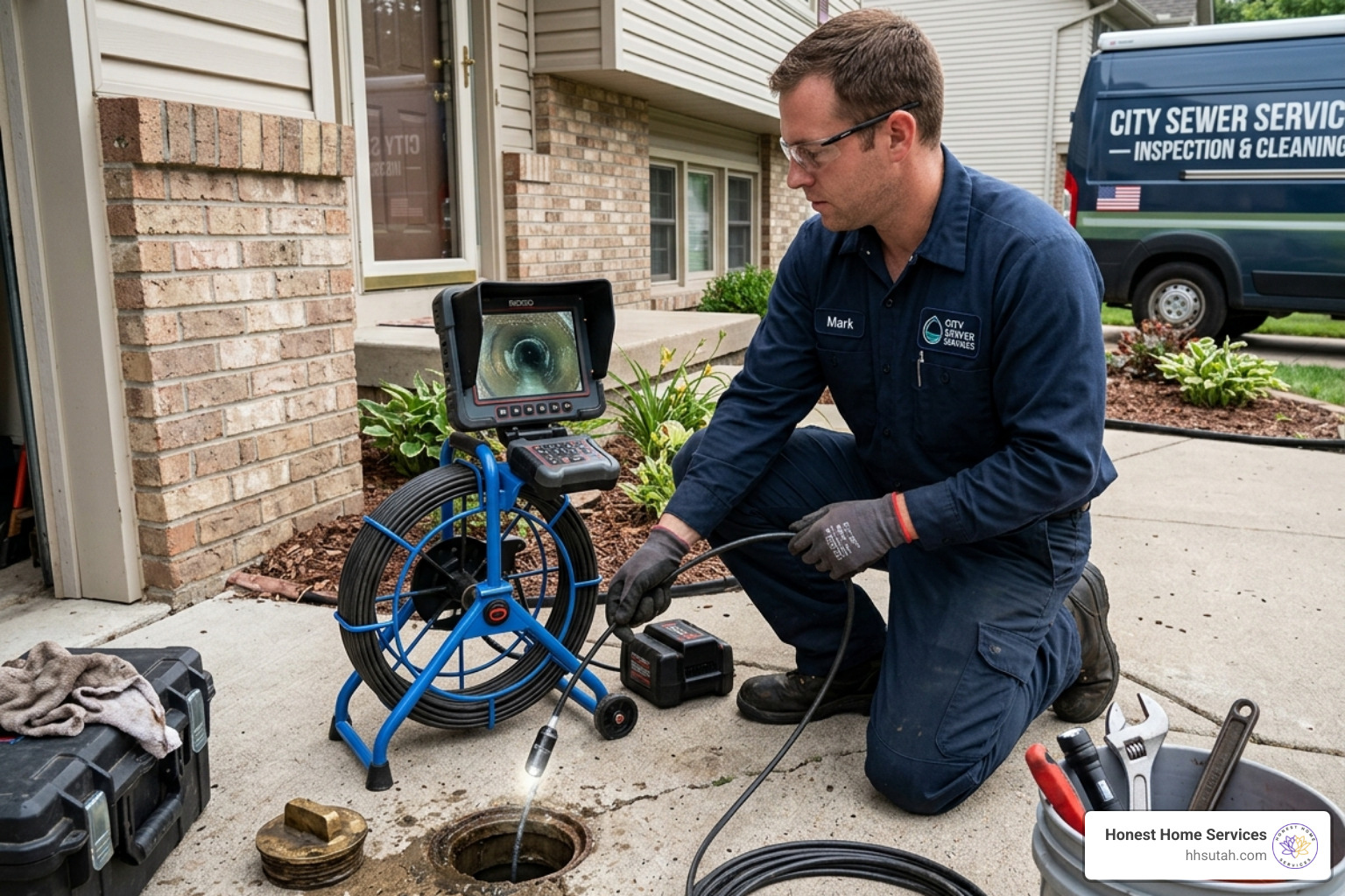 Professional technician performing a sewer camera inspection on a residential main line - main line sewer and drain service Professional technician performing a sewer camera inspection on a residential main line - main line sewer and drain service