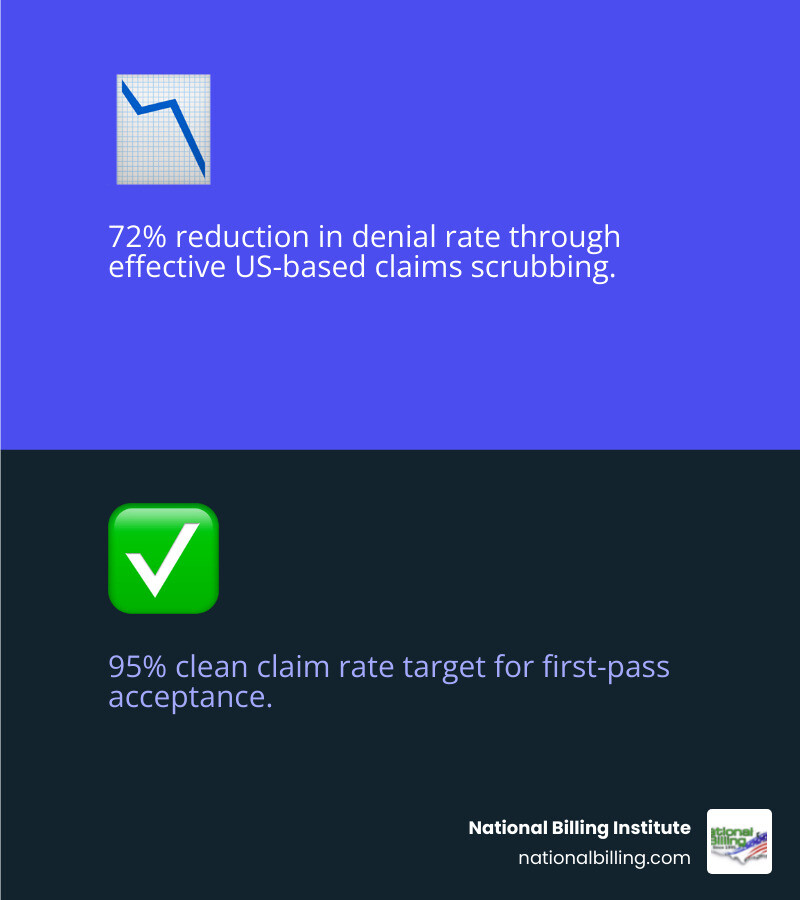 infographic: 72% reduction in denial rate and 95% clean claim rate targets - us-based claims scrubbing infographic