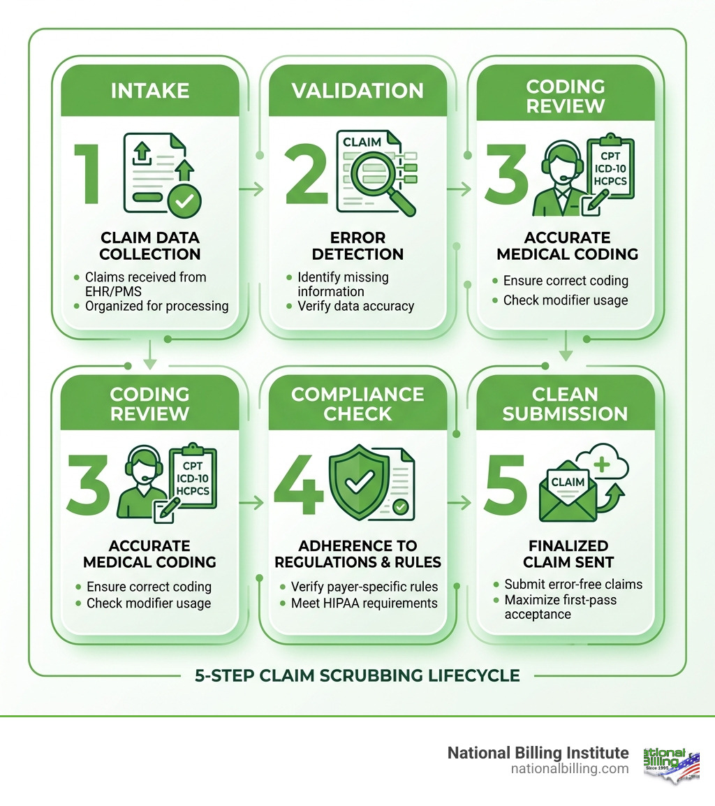 5-step claim scrubbing lifecycle: intake, validation, coding review, compliance check, clean submission - us-based claims