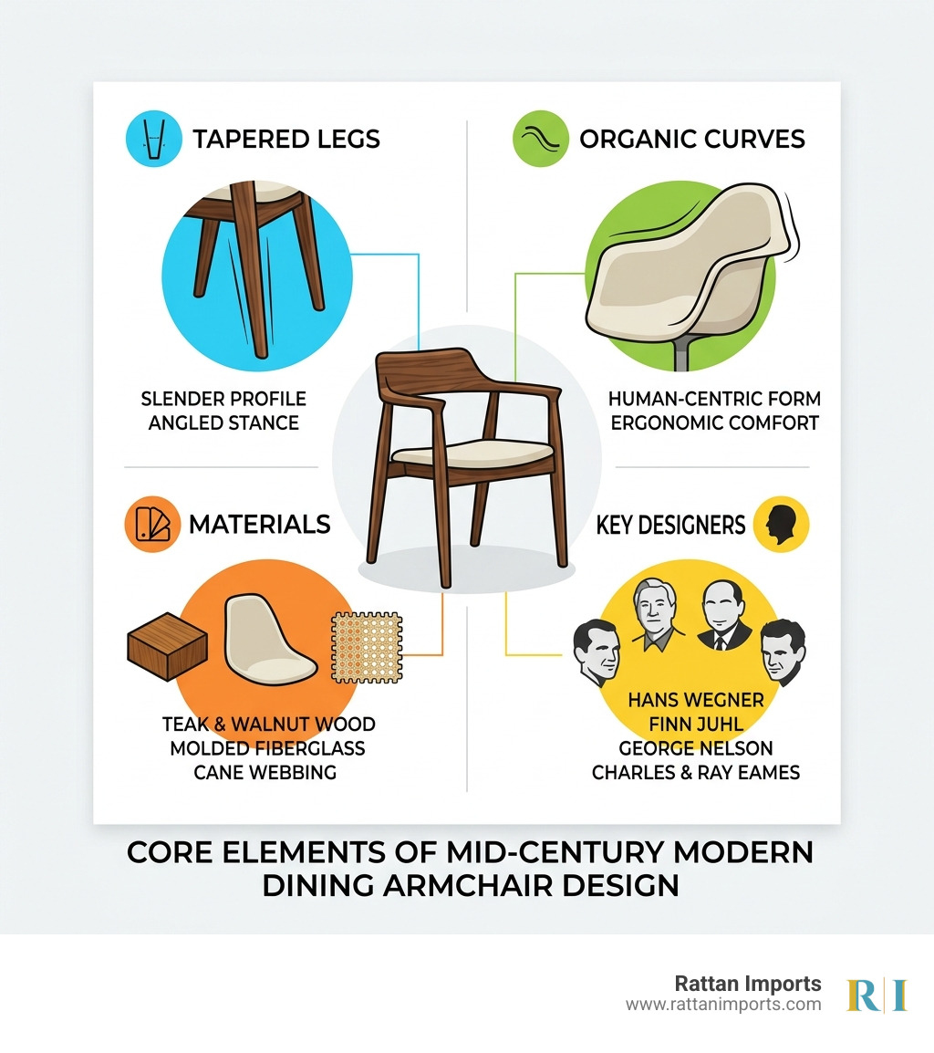 Core elements of mid-century modern dining armchair design: tapered legs, organic curves, materials, key designers - mid Core elements of mid-century modern dining armchair design: tapered legs, organic curves, materials, key designers - mid