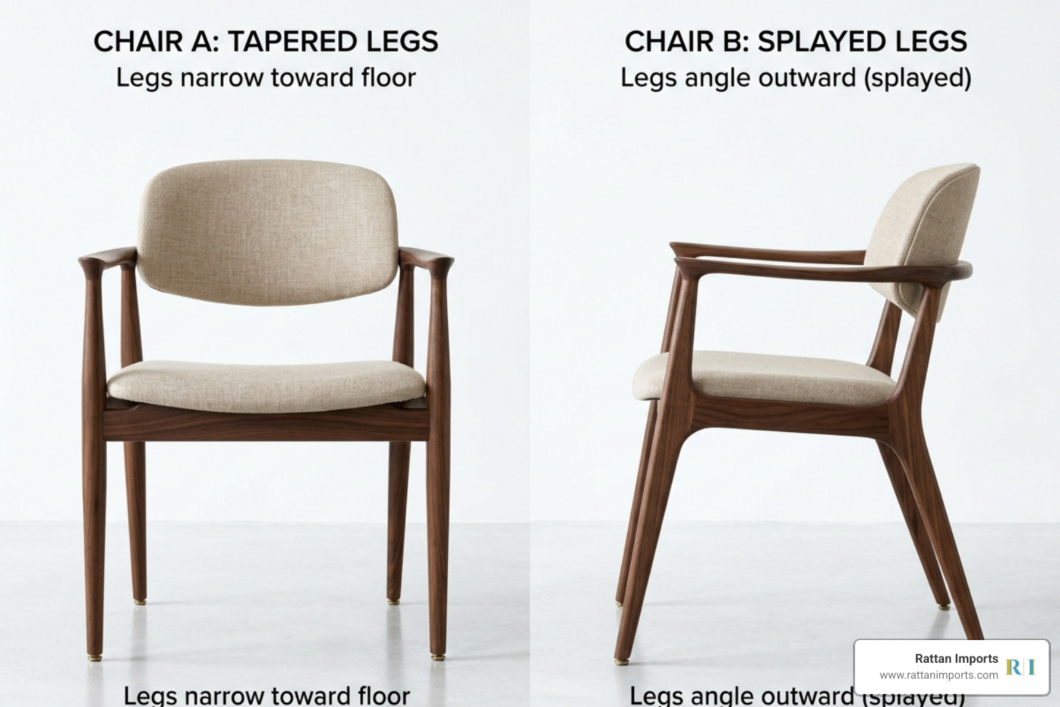Comparison of tapered legs and splayed chair bases showing minimalist profiles - mid century modern dining arm chair Comparison of tapered legs and splayed chair bases showing minimalist profiles - mid century modern dining arm chair