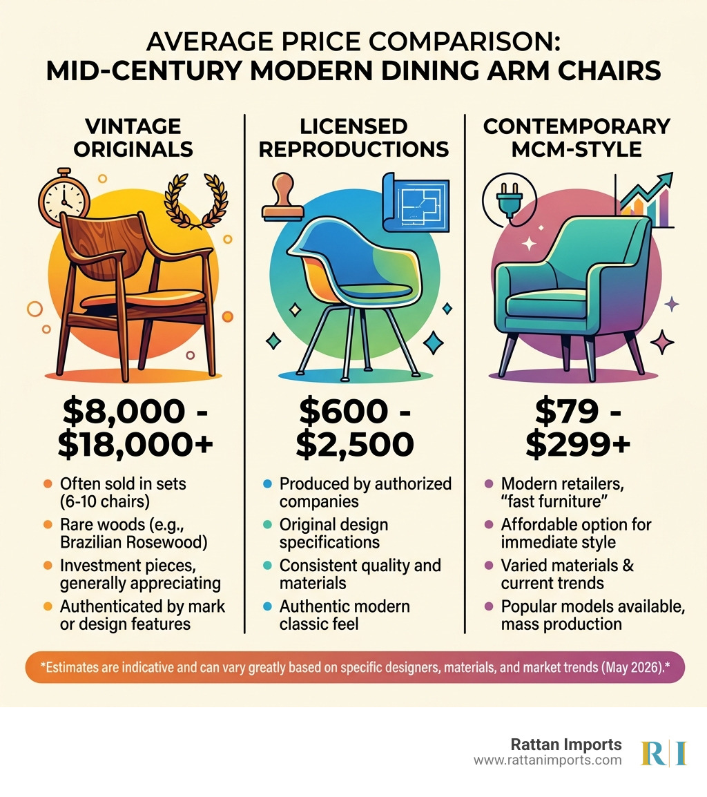 Average price comparison for mid-century modern dining arm chairs: Vintage vs. Licensed vs. Contemporary - mid century Average price comparison for mid-century modern dining arm chairs: Vintage vs. Licensed vs. Contemporary - mid century