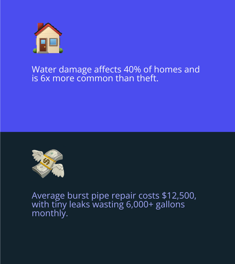 Infographic showing water damage statistics: 40% of homes affected, 6x more common than theft, $12,500 average burst pipe Infographic showing water damage statistics: 40% of homes affected, 6x more common than theft, $12,500 average burst pipe