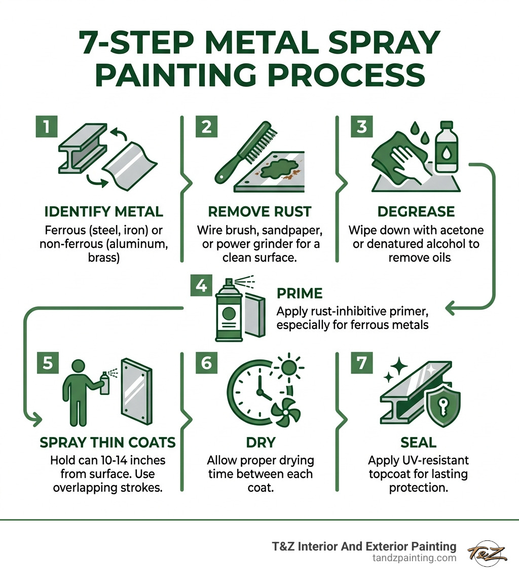 7-step metal spray painting process: identify metal, remove rust, degrease, prime, spray thin coats, dry, seal - metal spray 7-step metal spray painting process: identify metal, remove rust, degrease, prime, spray thin coats, dry, seal - metal spray