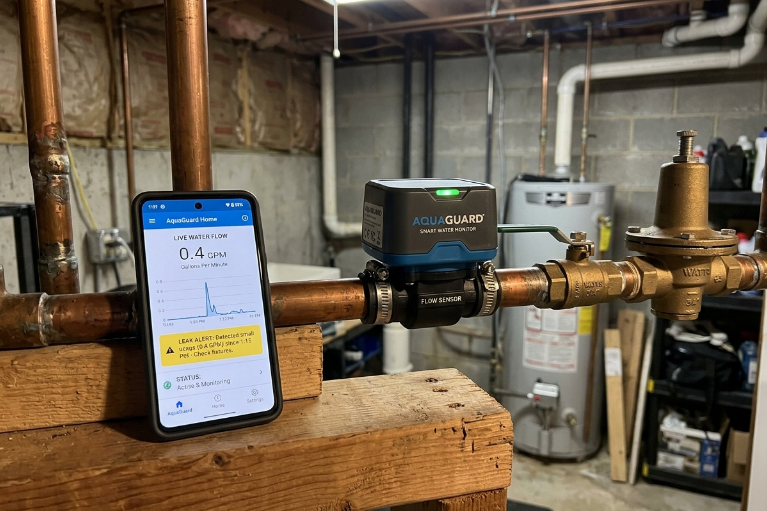 Smart home water monitor installed on a main water line providing real-time data to a smartphone - water leak detection Smart home water monitor installed on a main water line providing real-time data to a smartphone - water leak detection
