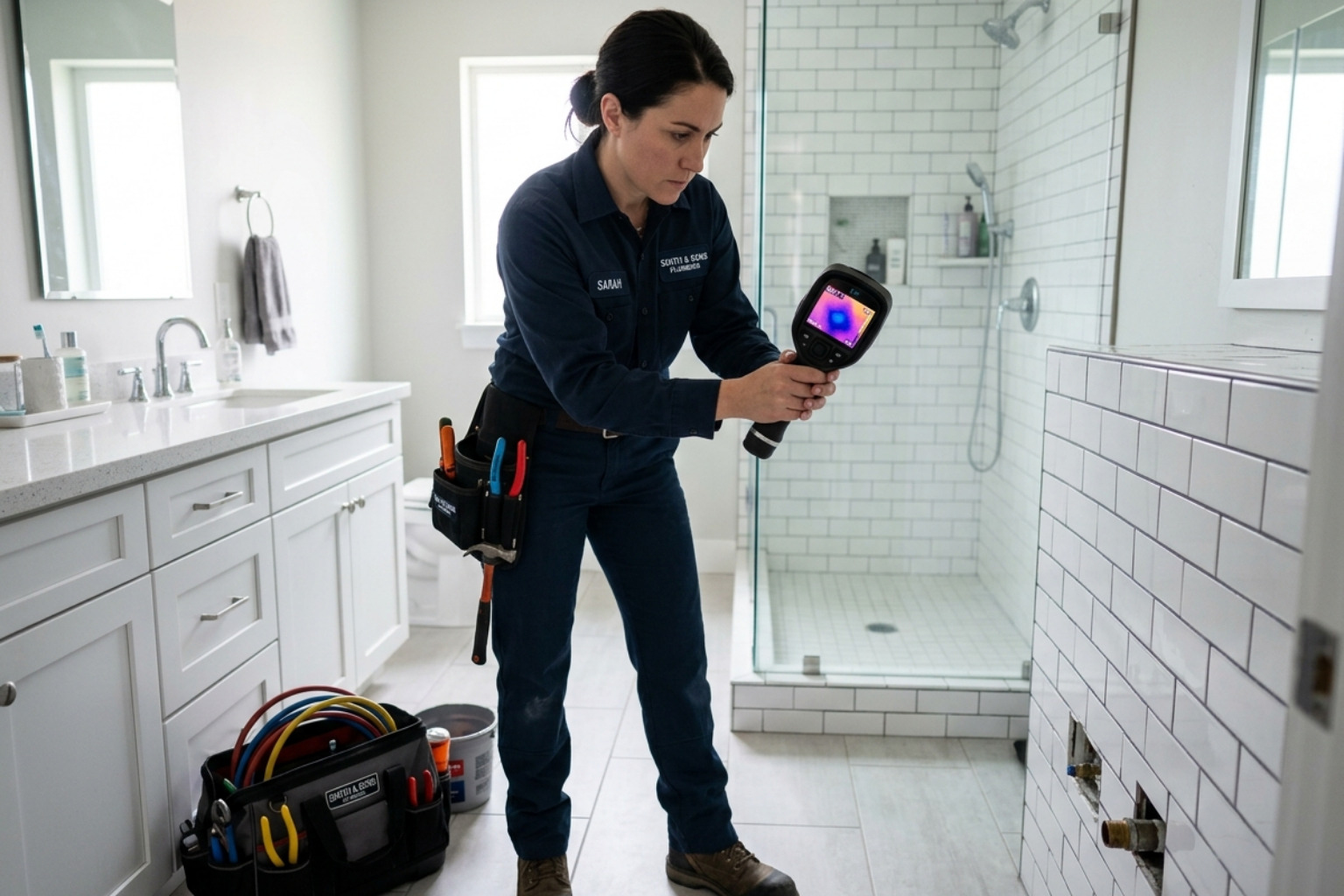 Professional plumber using a thermal imaging camera to detect moisture behind a bathroom wall - water leak detection Professional plumber using a thermal imaging camera to detect moisture behind a bathroom wall - water leak detection