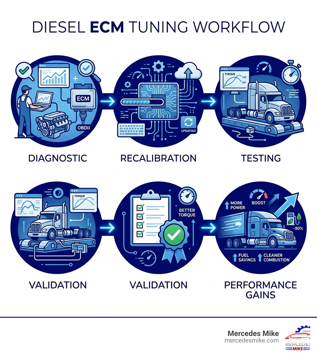 ECM tuning workflow: diagnostic, recalibration, testing, validation, performance gains - diesel ecm tuning infographic ECM tuning workflow: diagnostic, recalibration, testing, validation, performance gains - diesel ecm tuning infographic