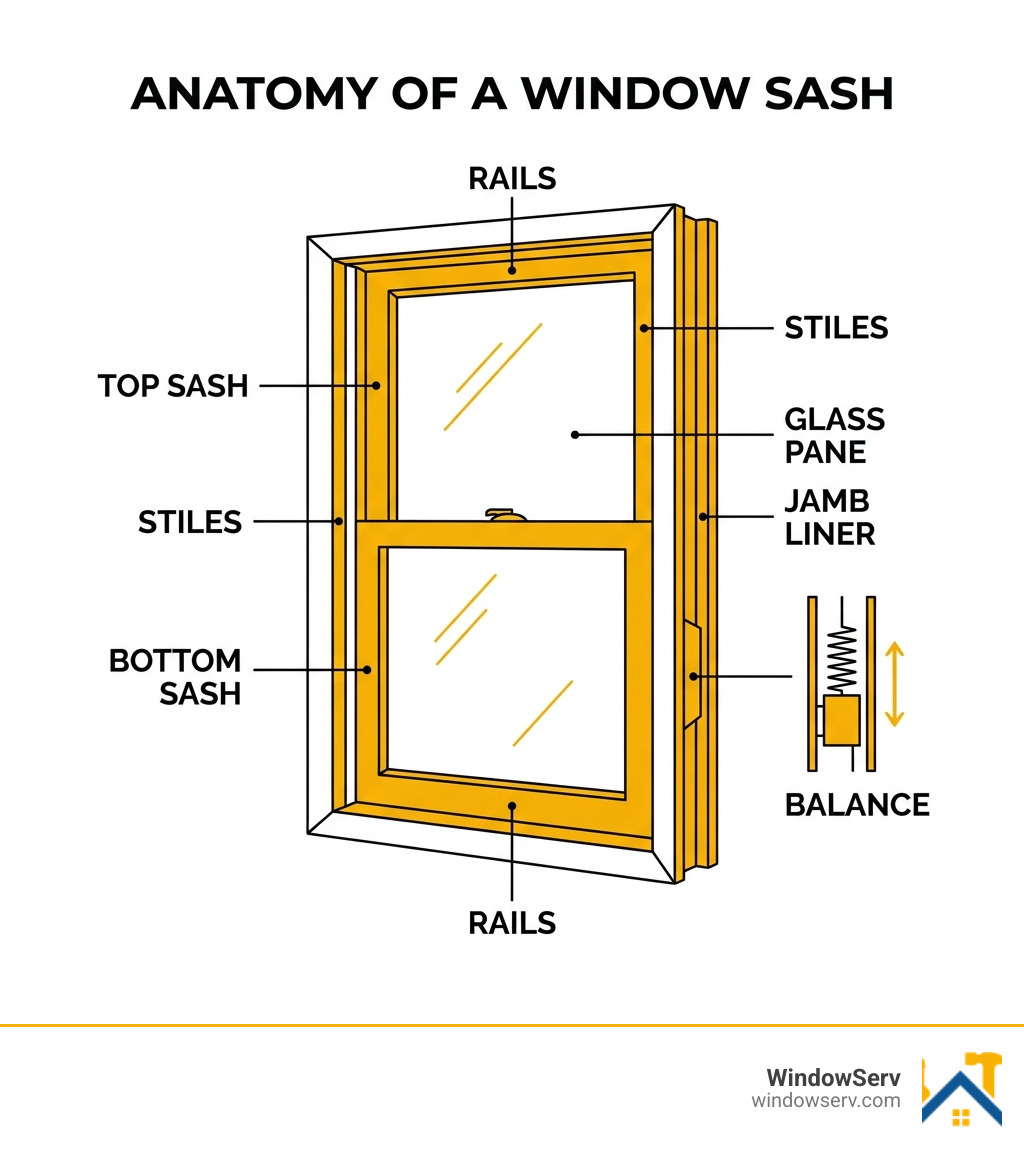 Infographic showing anatomy of a window sash: top sash, bottom sash, rails, stiles, glass pane, jamb liner, and balance Infographic showing anatomy of a window sash: top sash, bottom sash, rails, stiles, glass pane, jamb liner, and balance