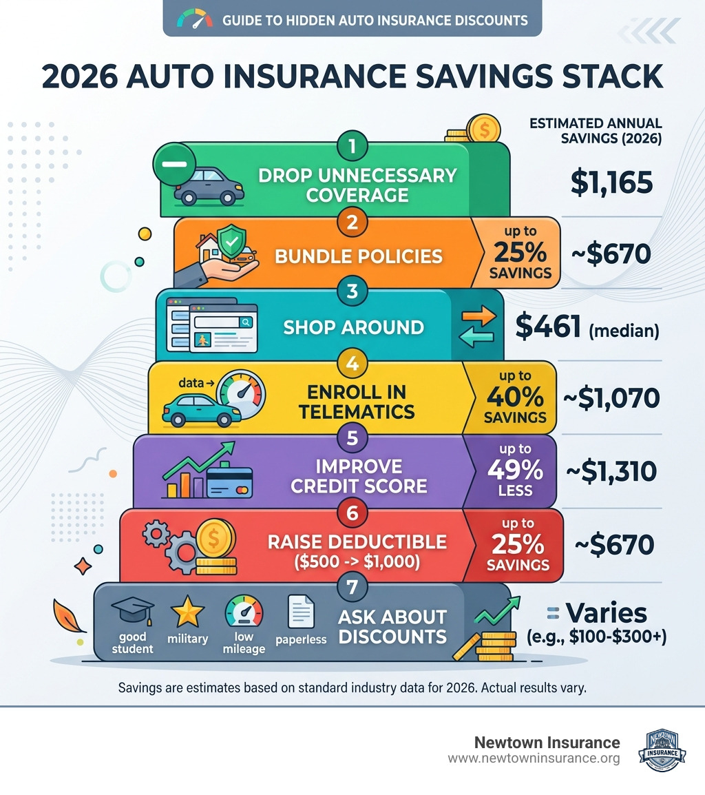Savings Stack infographic showing ranked auto insurance savings strategies and estimated annual savings for 2026 - auto
